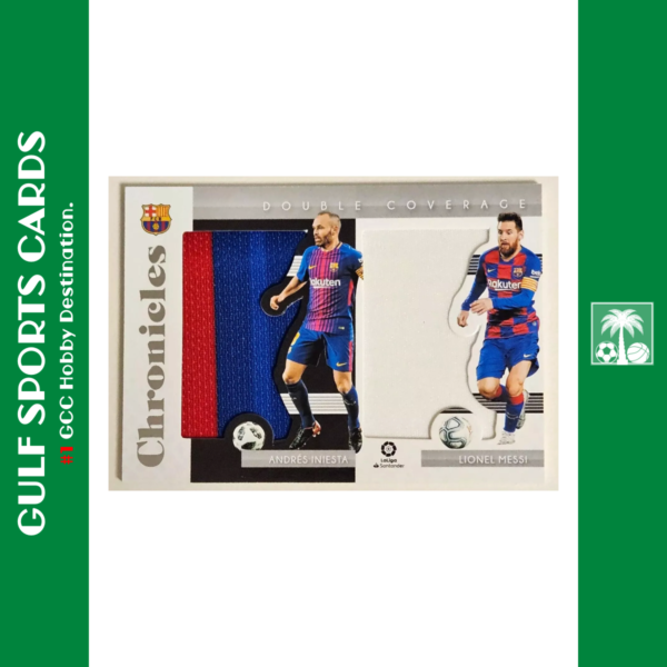 2019 Panini Chronicles Lionel Messi Andres Iniesta Dual Jersey Patch Front