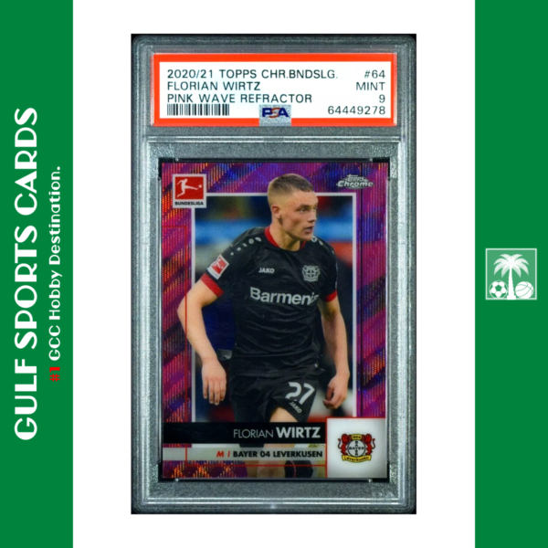 2020-21 Topps Chrome Bundesliga Florian Wirtz RC /75 Pink Wave Refractor PSA 9 Front