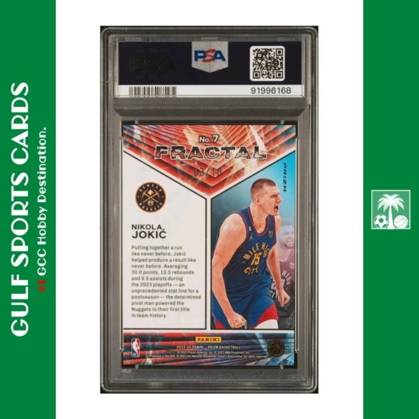 2023 Panini Prizm Nikola Jokic /10 Gold Prizm Fractal Nuggets #7 PSA 10 GEM MINT Back