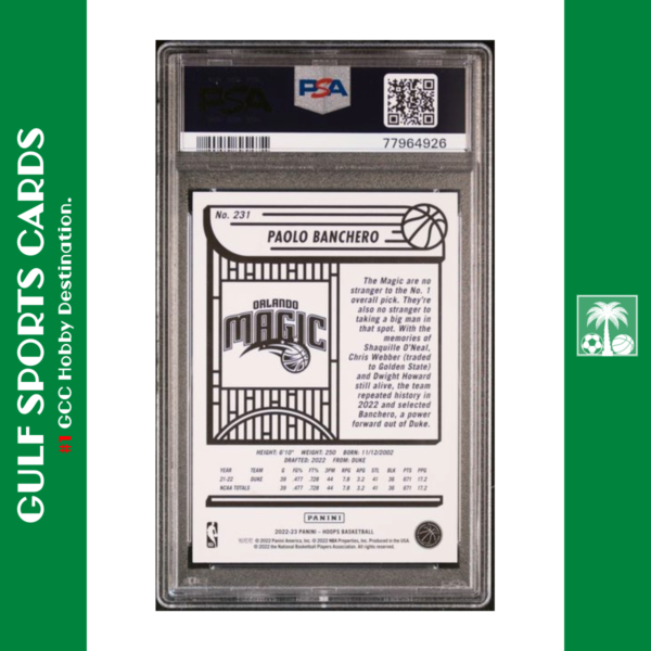 2022 Panini NBA Hoops Paolo Banchero Silver /199 RC PSA 9 Back