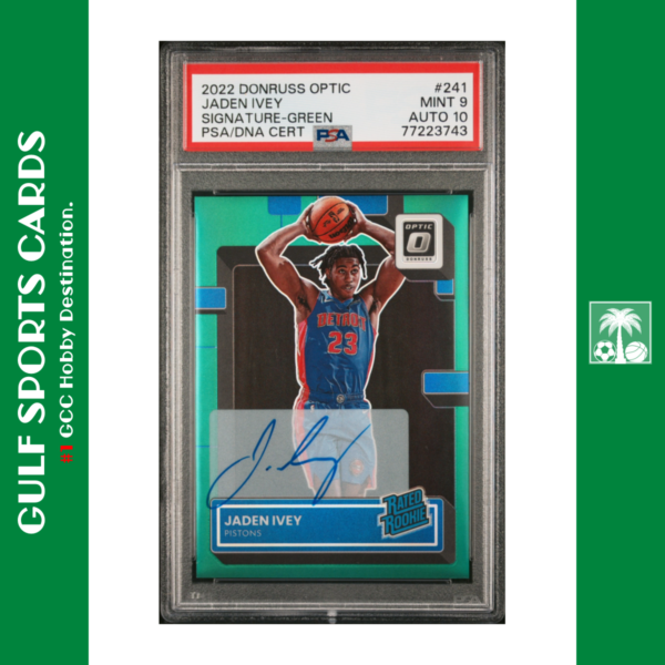 2022-23 Panini Donruss Optic Jaden Ivey RC Auto /5 Green Rated Rookie PSA 9 AUTO 10 Front