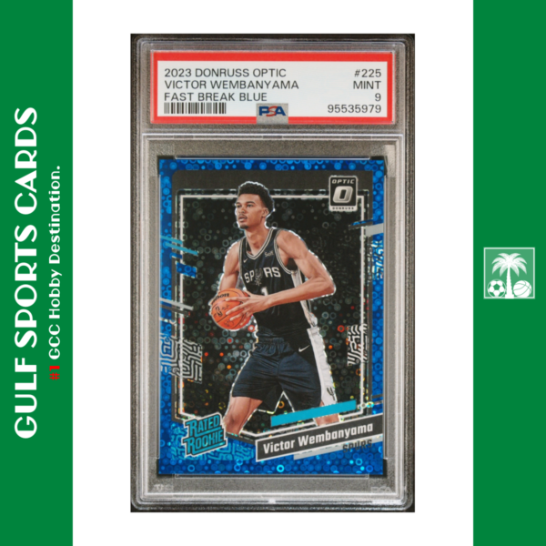 2023-24 Panini Donruss Optic Victor Wembanyama RC /49 Blue Rated Rookie Fast Break PSA 9 Front